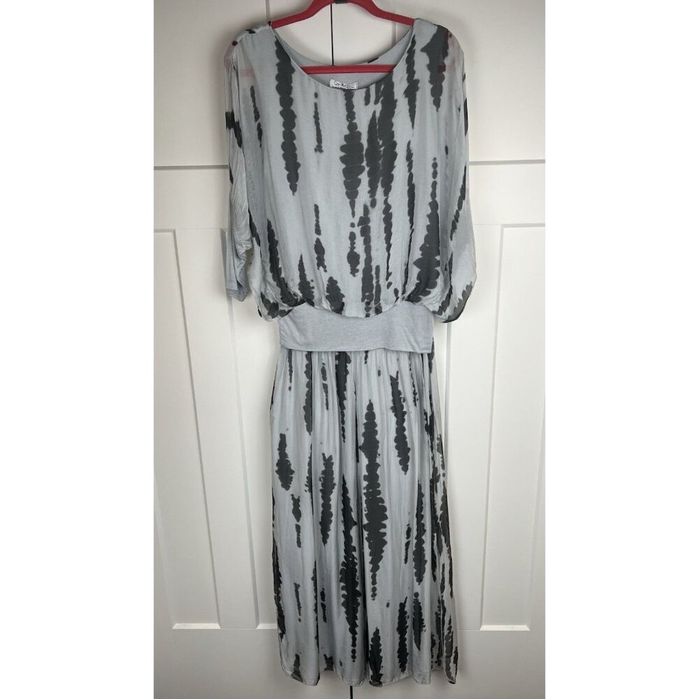 Gigi Moda Italy Silk 2 Pc Set Small Gray Black Dolman Top Wide Leg Pants Boho